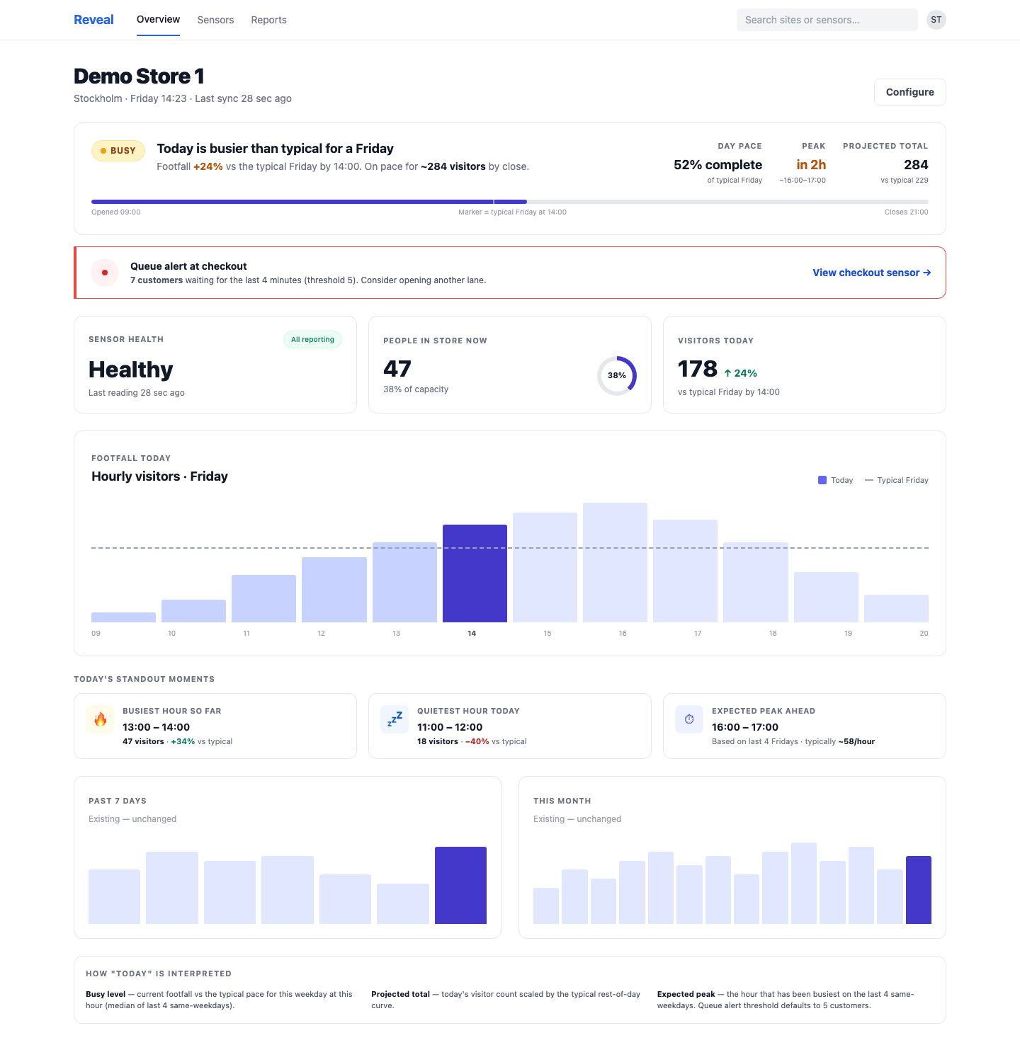 Reveal single-site overview — live visitors, typical-Friday comparison, queue alert and hourly chart
