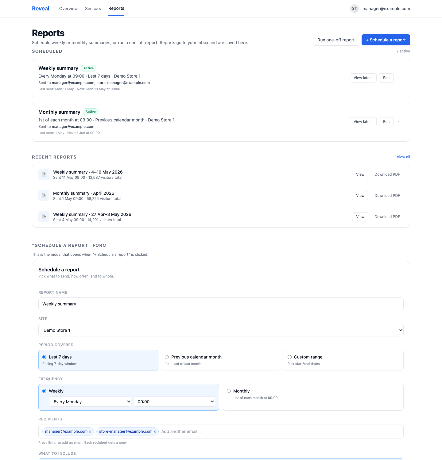 Reveal Reports view — scheduled reports, recently delivered, plus the form to schedule a new one