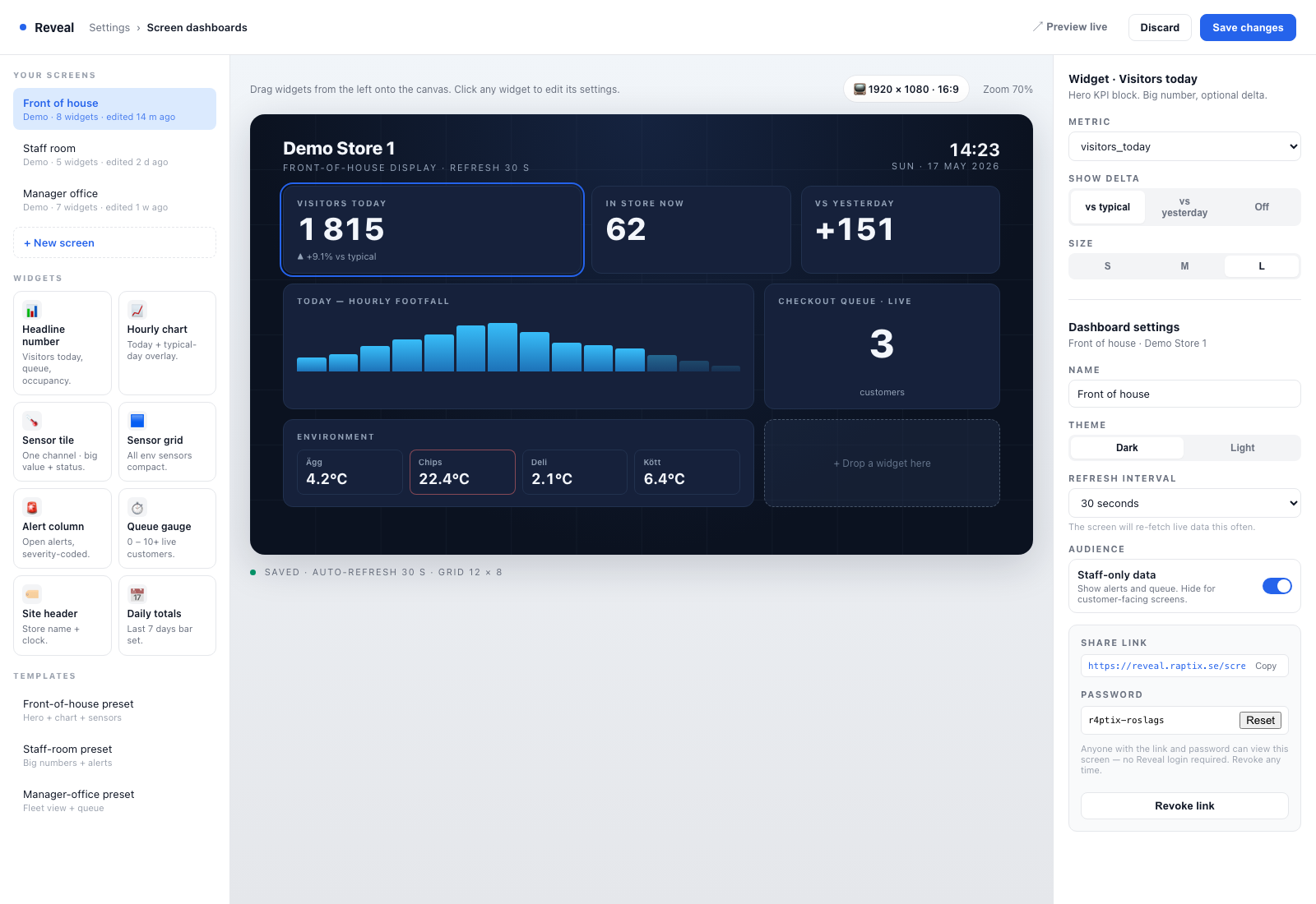 Reveal screen dashboard editor — drag-drop layout med widget-palette och egenskapspanel